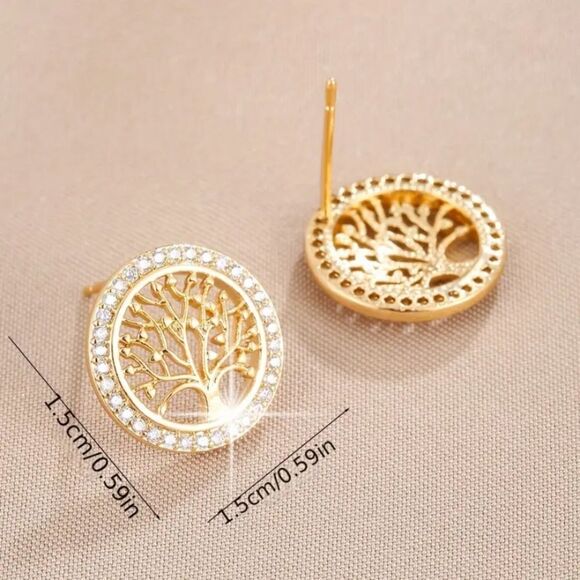 ✨🆕✨ Elegant 18k Gold Plated Simulated Zircon Tree Of Life Stud Earrings✨ - Picture 5 of 13